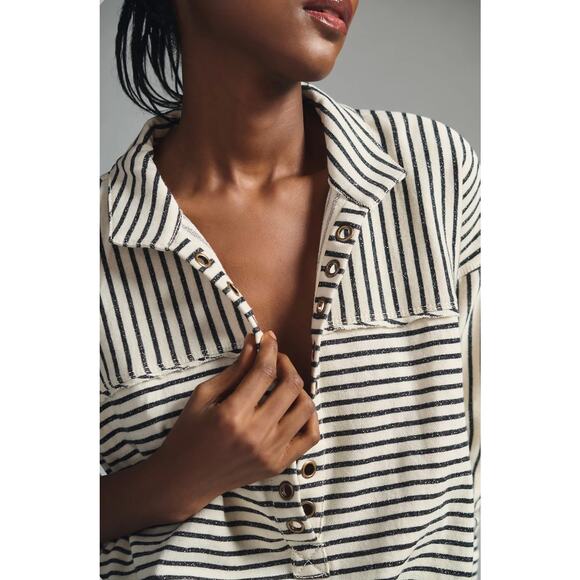 Anthropologie Pilcro Oversized Striped Lace-Up Splice Henley Top Neutral Size XS - Picture 5 of 9